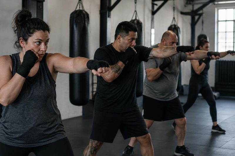 Des adultes de tous âges pratiquent la boxe dans un cours de groupe