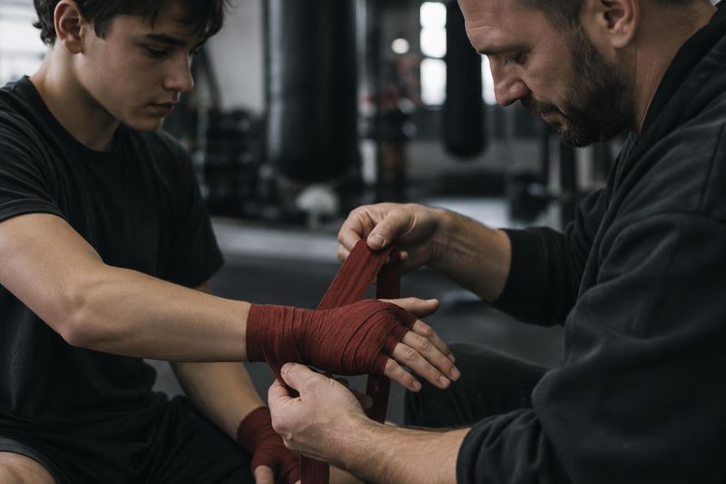 Un entraîneur aide un jeune à enrouler ses bandages de boxe