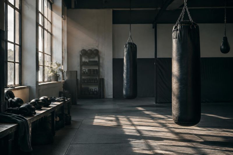 Une salle d’entraînement de boxe calme, avec des sacs de frappe et des gants rangés